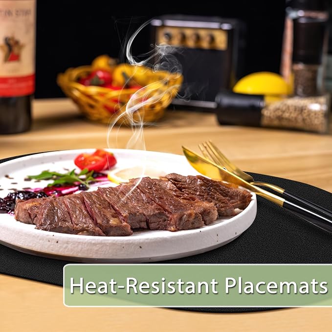 Placemats for Dining Table Set of 4 Non-Slip, Heat Resistant Leather Placemat Double Layer, Waterproof Table Mats Easy to Clean for Kitchen Dining Room Coffee Office Table, Black
