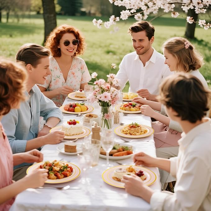 GATHER 350PCS Pink Plastic Plates with Gold Rim for Wedding Baby Shower | Pink Disposable Plastic Dinnerware Set include 100 Plates, 150 Silverware, 50 Napkins, 50 Cups for Party Birthday