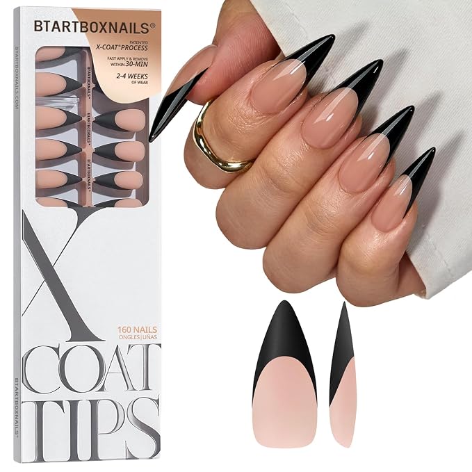 BTArtboxnails XCOATTIPS Black French Tip Press On Nails, L Stiletto, Peach | Lamp-Curable, 4-Week Wear, Natural Nail Look, Salon Quality Value at Home, Easy-to-Apply for Beginners, 160ct Nail Tips Only