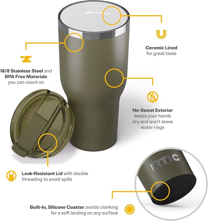 RTIC 40oz Essential Tumbler with Lid, Ceramic Lined, Olive | Insulated, Stainless Steel Metal, Portable Travel Cup for Hot and Cold Drinks, Coffee, Car, Camping and Travel