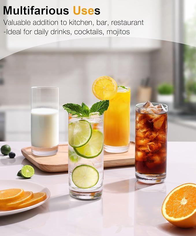 13oz Drinking Glasses Set of 6, Lead-Free Crystal Tall Highball Glassware | Clear tall water highball glasses, smooth rim and thick stable base, thoughtful holiday gift