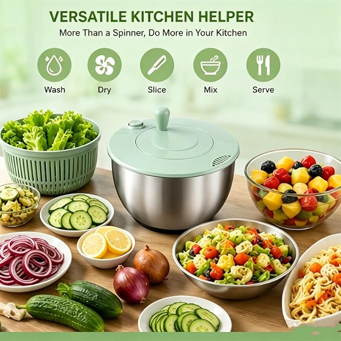 3 in 1 Salad Spinner with Mandoline Slicer, All in One Slicer Bowl, Multifunctional Salad Spinner Small Stainless Steel, Vegetables Wash Bowl, Fruits & Lettuce Dryer with 5 Blade (Green)