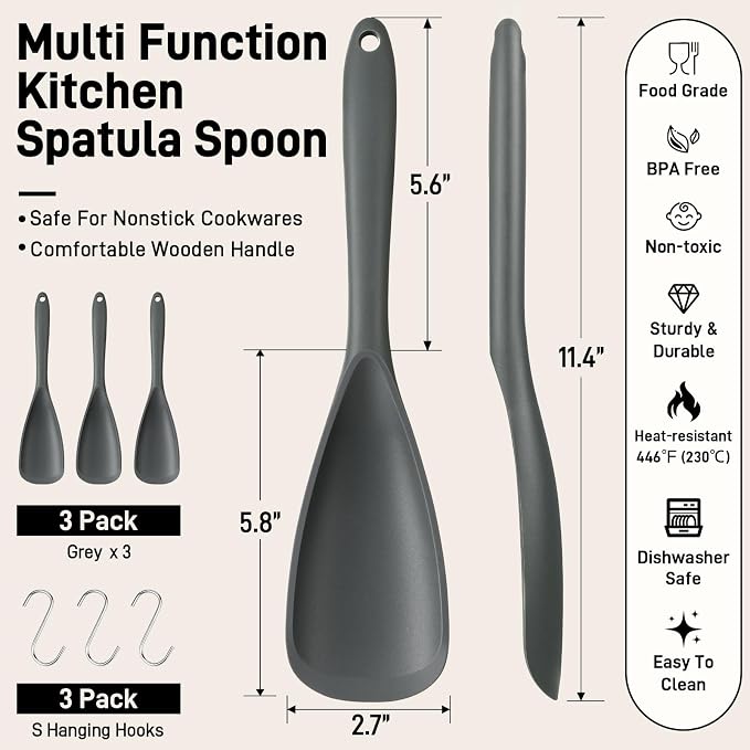 3 PACK Silicone Cooking Spatula & Spoon for Nonstick Cookware, BPA-Free | Multifunction Spoonula for Baking, Cooking, Serving, Mixing, Stirring, Scoop, Scrape - One-Piece Formed, Dishwasher Safe
