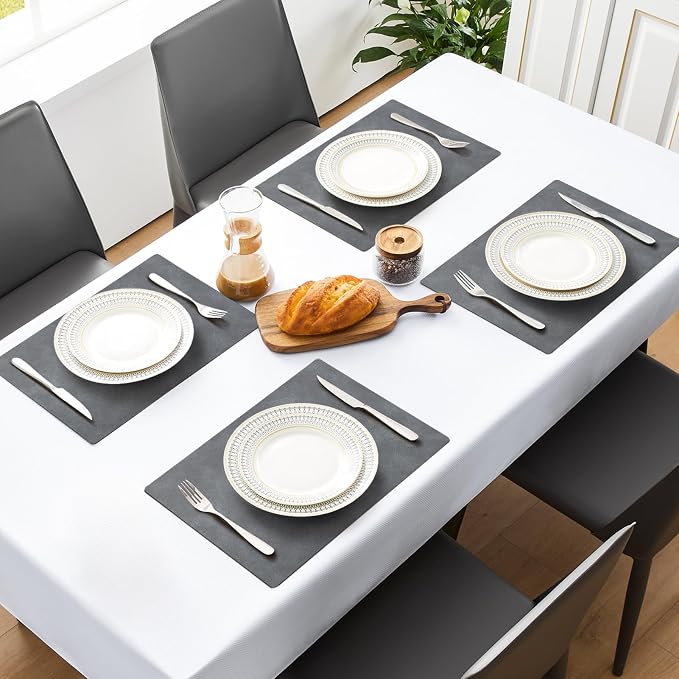 MOSAYT Vinyl Placemats Set of 4-12 X 17 Inch - Faux Leather 100% Waterproof Oil-Proof Wipeable PU Place Mats, Heat Resistant Reversible Table Mats for Kitchen, Dining, Outdoor, Grey
