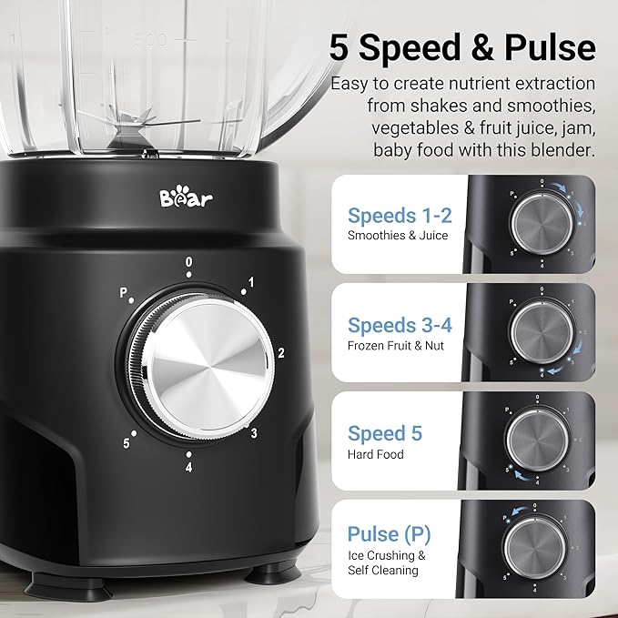 Bear 800W 6-Speed Blender, BPA-Free Smoothie Blender for Kitchen | 50oz(1.5L), Suction Feet, Feeding Hole, 10 blades, Countertop Blender for Smoothies, Crush Ice, Frozen Fruit, Juice and Puree