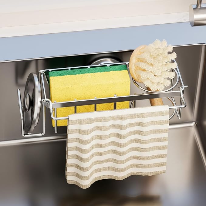 TAILI 4-in-1 Sink Sponge Holder for Kitchen with Strong Suction Cup-Silver | Removable Sink Caddy with Suction Cup, Rustproof 304 Stainless Steel Multi-compartment Sink Organizer for Sponge, Brushes