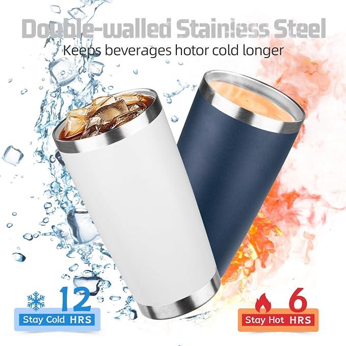 20 oz Tumbler with Lids and Straws, Stainless Steel Insulated Travel Coffee Mug, Double Wall Vacuum Insulated Tumblers, Powder Coated Coffee Tumbler for Cold & Hot Drinks (White, 4pack)