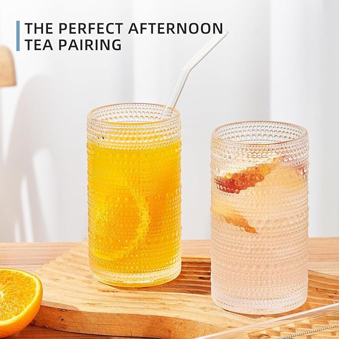 16oz Hobnail Drinking Glasses Set of 6, Vintage Large Capacity Embossed Clear Tumblers, Highball Glasses for Water, Cocktail, Beer, Whiskey, Juice & Bar Use