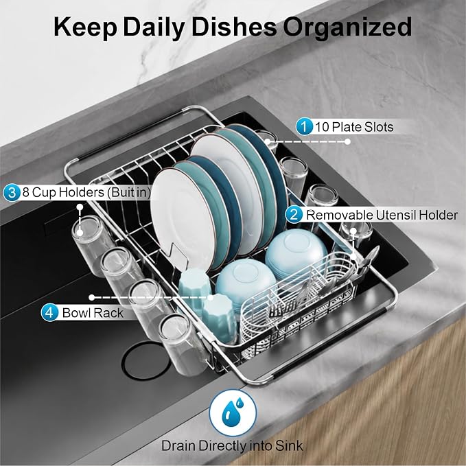 Dish Drying Rack Over the Sink - Expandable Stainless Steel Drainer | Twist-Lock Adjustable Handle, Cup Hooks, Utensil Holder, Compact Design for Apartments, RVs & Small Kitchens, Rust-Resistant