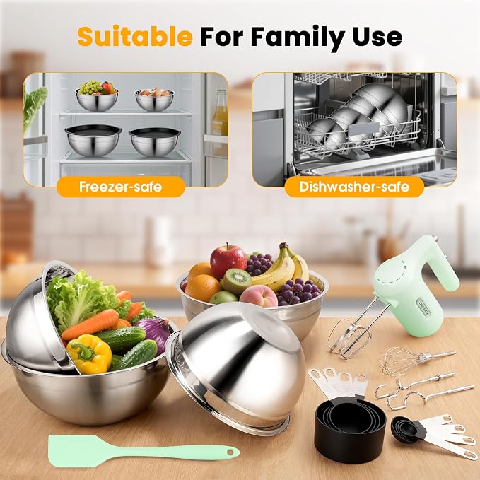 Lord Eagle 5-Speed Hand Mixer Electric With 4 Mixing Bowls Set | 300W Lightweight Kitchen Handheld Mixer with Measuring Cups & Spoons, Stainless Steel Bowls, Baking Supplies for Cake, Green
