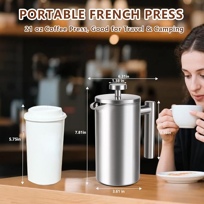 French Press 24 oz, Premium Stainless Steel French Press Coffee Maker 2 cup | Double Wall Insulated Coffee Presses, 304 Food Grade Stainless Body, Ideal for Camping Travel Home, Non Toxic, No Plastic