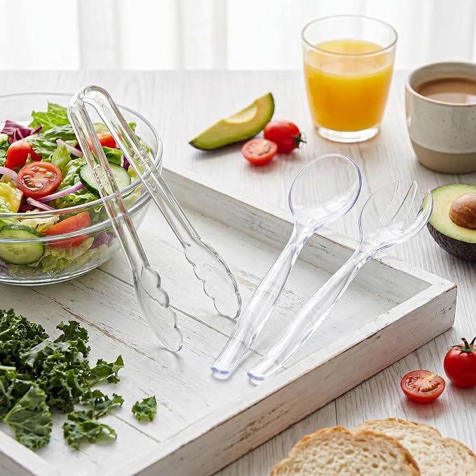 Mwellewm Plastic Serving Utensils Set Disposable Tongs Spoons for Buffet | 10'' Serving Spoons for Buffet, 18Pc Clear Fork Salad Tongs for Party Food,Catering Supplies Buffet Display for Restaurant