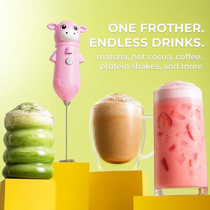 Zulay Kitchen Cow Milk Frother Wand – Cutesy Frother, Meet Your New Frothing Buddy Bubblegum The Cow, Adoption Papers and Stickers Included, Purrr-fect for Lattes, Cappuccino & Matcha – Pink