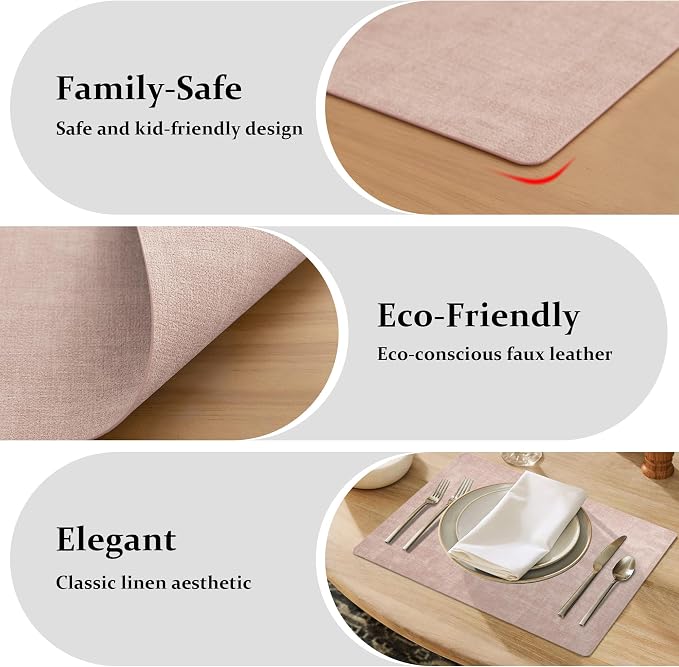 FROMHEART Faux Leather PU Placemats Set of 6 (Pink,11.8" x 17") | Waterproof,Heat/Oil Stain-Resistant Table Mat–Reversible,Non-Slip,Easy to Clean Place Mats for Kitchen,Dining,Indoor/Outdoor