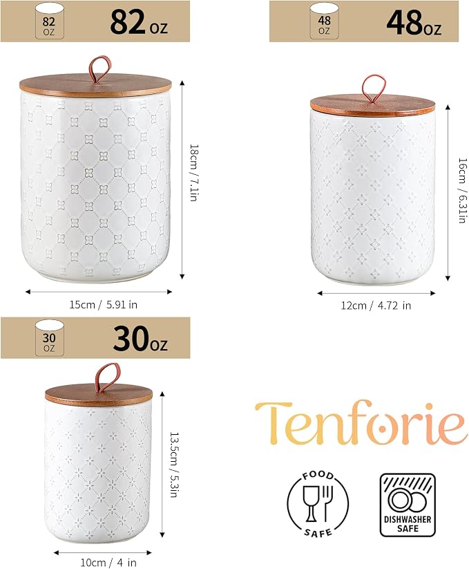 White Ceramic Canisters Set with Airtight Lids, 82/48/30 oz Coffee Canisters Sets for the Kitchen, Large Jars for Flour, Sugar, Pasta, Coffee, Cookies, Tea - Set of 3, Embossed Pattern