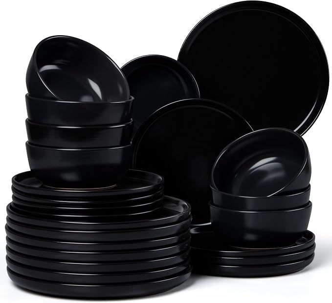 LIANYU Dinnerware Plates and Bowls, 24 Piece Dishes Set for 8, Black Onyx | Dishwasher and Microwave Safe Stoneware Dinning Ware Set, Ceramic Dinner Salad Plates and Cereal Bowls, Scratch Resistant