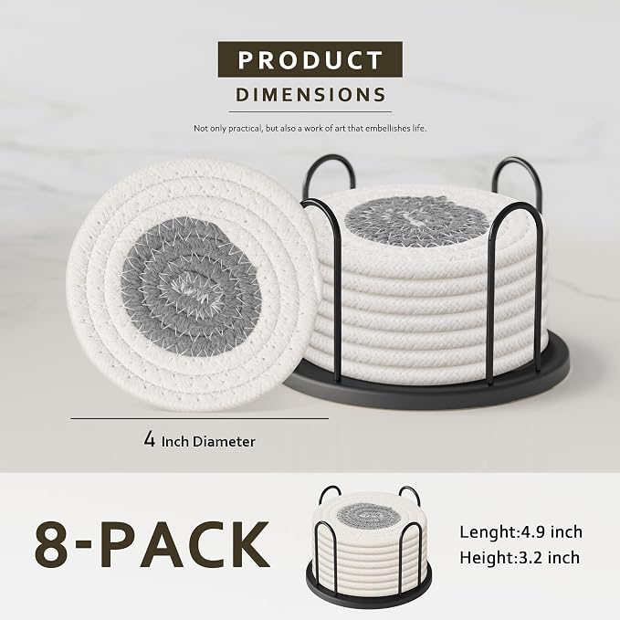 Lazebox Coasters Set of 8 for Drinks, 4 Inch Large Coasters for Coffee Table, Tabletop Protection for Hot & Cold Drinks, Versatile Coasters for Home Decor, Non-Slip & Easy to Clean, White with Grey