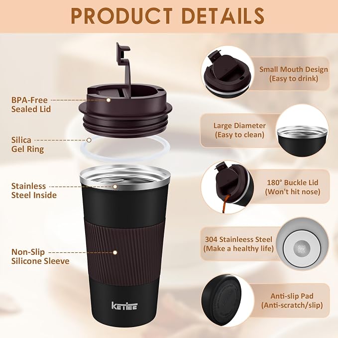 KETIEE Travel Mug, 12oz Insulated Coffee Cup with Leakproof Lid, Vacuum Stainless Steel Double-Wall Travel Coffee Mug Spill Proof, Reusable Tumbler for Men and Women for Hot & Cold Water Tea