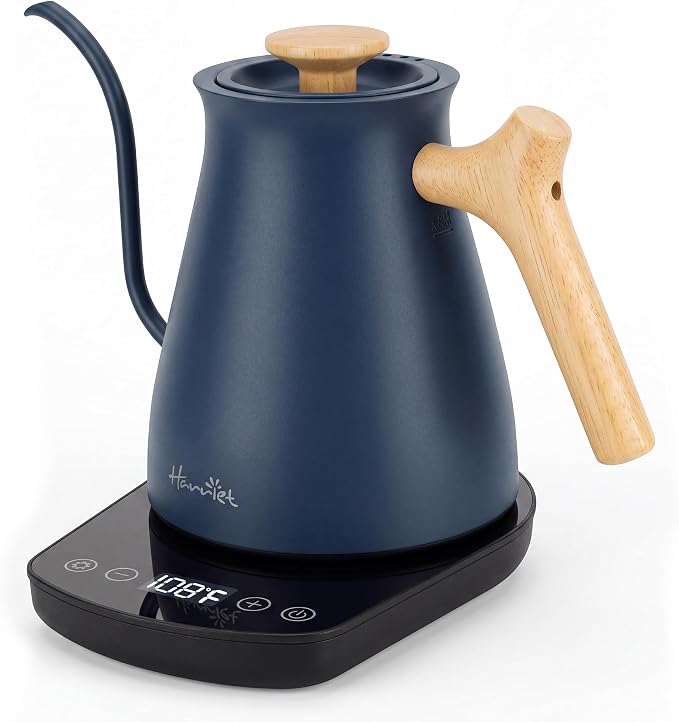 Harriet Gooseneck Electric Kettle, 0.8L, 1°F Control, Brew Timer | 120-Min Keep Warm, 104–203°F Control, Built-In Brew Timer, SUS304 Stainless Steel, Wood-Accent Handle for Pour-Over Coffee