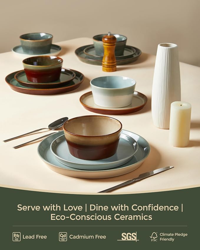 Plates and Bowls Sets for 8, Ceramic Dinnerware Sets, Kitchen Dish Set, Microwave & Dishwasher Safe Dishware, Highly Durable Handcrafted Dinner Set, Brown Green