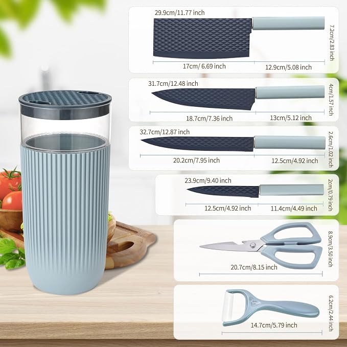 Knife Set, 7-Piece Kitchen Knife Set with Sharp Chef and Meat Knives, Anti-Rust Utility Knives Set for Kitchen, Kitchen Knife Block Set（Blue）