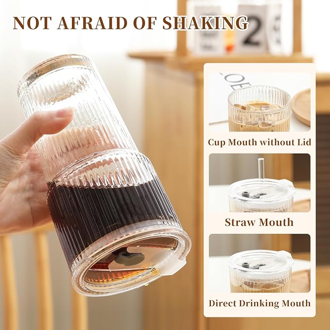 Drinking Glasses with Lids and Glass Straw 4pcs Set,20oz Glass Tumbler Cups,Water Glasses,Iced Coffee Glasses,iced Tea Glasses,Beer Glasses,Ideal for Whiskey,2 Brushes