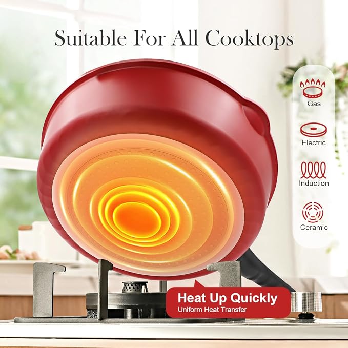 Small 8 Inch Frying Pan Skillet with Lid, Non Stick Saute Pan, Egg Pan Nonstick with Detachable Handle, Induction Compatible, Oven Safe, PFOA PFOS APEO Free, Red