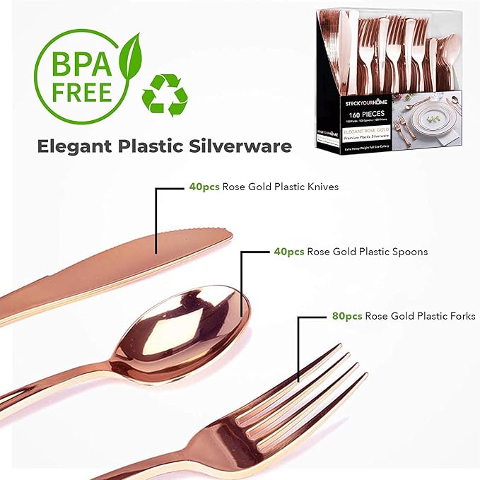 Rose Gold Plastic Silverware Set (1280 Bulk Pack) Disposable Cutlery Utensils, 80 Forks, 40 Knives, 40 Spoons, Heavy Duty Rose Gold Flatware For Holidays, Parties, Dinners, Weddings, Stock Your Home