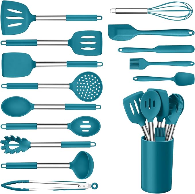 Onader 15pcs Kitchen Cooking Utensils Set with Holder, Onader Heat Resistant Silicone Kitchen Utensils Spatula Set with Stainless Steel Handle - Blue