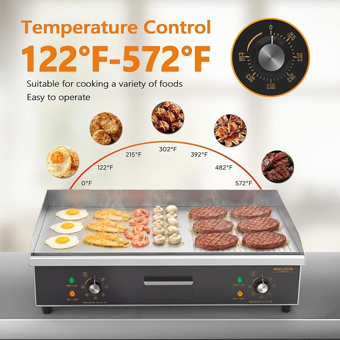 ROVSUN 30" Electric Griddle, Electric Countertop with Half Flat Top Griddle, 3000W Grill Stainless Steel with Adjustable Temperature Control 122°F-572°F for Commercial Home Restaurant, Plug