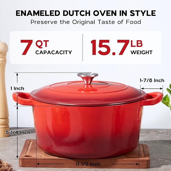 Onader 7QT Enameled Cast Iron Dutch Oven with Lid for Bread Baking, Round Dutch Oven Pot, Heavy Duty - Red