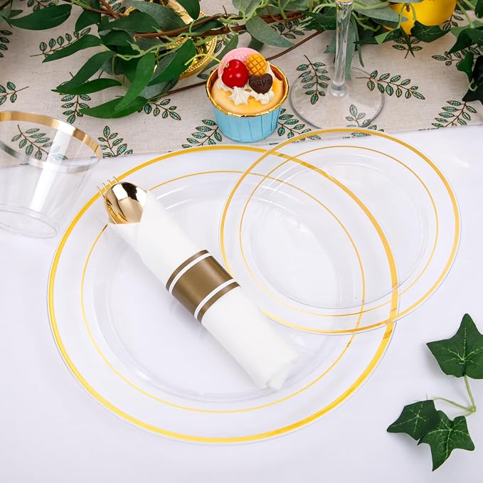 DaYammi 350PCS Clear Gold Plastic Dinnerware Set for 50 Guests Gold Plates Disposable Include: 50 Dinner Plates, 50 Dessert Plates,50 Pre Rolled Napkins with Gold Silverware,50 Cups for Party Wedding