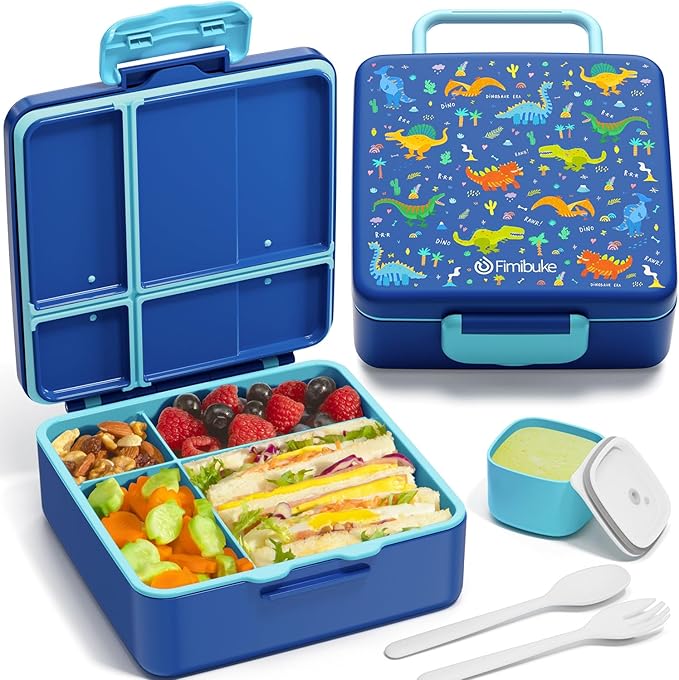 Fimibuke Bento Lunch Box for Kids, Toddler Bento Box with 4 Compartments | Leak Proof BPA Free Dishwasher Safe Lunch Container with Utensils, Ideal Portion Sizes for Ages 3-12 Girls Boys for School