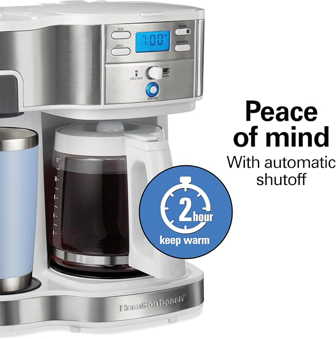 Hamilton Beach 2-Way Programmable Coffee Maker & Single Serve Coffee Maker | 12 Cup Glass Carafe | White with Stainless Steel Accents | 49933