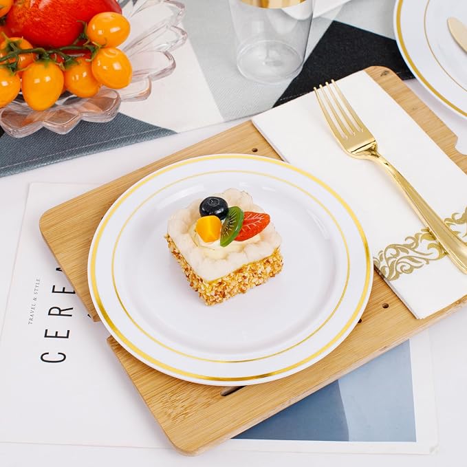 350 Pieces White and Gold Plastic Plates - 50 Guest Dinnerware Set Include 100 Plates, 50 Gold Plastic Silverware, 50 Paper Napkins and 50 Cups for Wedding/Baby Shower/Birthday/Party