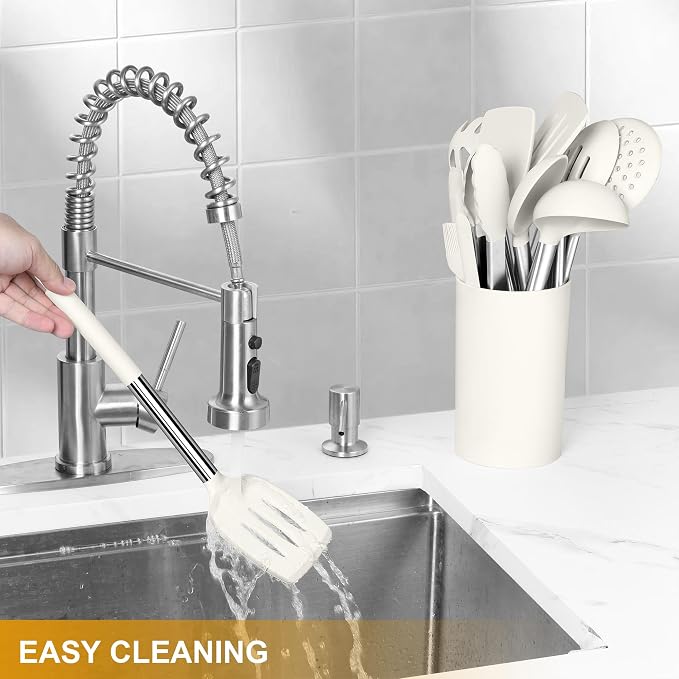 LIANYU 15 Pcs Cooking Kitchen Utensils Set with Stainless Steel Handle | Silicone Kitchen Gadgets with Holder, Heat Resistant Spatula Tools, Brush Spoon Tong Whisk Ladle Turner for Cookware, White