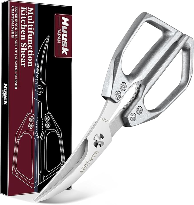 Huusk Kitchen Scissors for Food - Multifunction Kitchen Shears All Purpose | Stainless Steel Seafood Scissors for Meat, Fish, Chicken, Turkey, Ergonomic Non-Slip Silver Handle, Gifts for Women