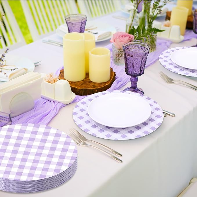 Funnymoom 60 Pcs Purple and White Gingham Disposable Paper Placemats Round Table Place Mat Summer Checkered Decorative Paper for Baby Shower Wedding Birthday Party Dinner Table Decor