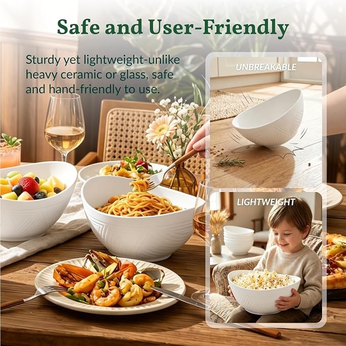 Wheat Straw Bowls, Large Salad Bowls Set of 6, 60 OZ Large Capacity Serving Bowl for Kitchen, Picnic, Camping,Lightweight Unbreakable Microwave and Dishwasher Safe Big Bowl - White