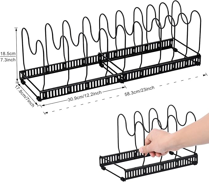 Toplife Pots and Pans Organizer Rack for Cabinet and Countertop, 10+ Pot Lids, Bakeware and Cookware Holder with 10 Adjustable Compartments - Black