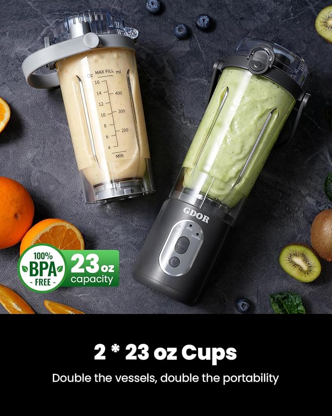 GDOR Portable Smoothie Blender, Twist & Go, Personal Blender Shakes and Smoothies, 3 Auto Programs, Ice Crush, 2x23 oz, Cordless, Dishwasher Safe, BPA-Free