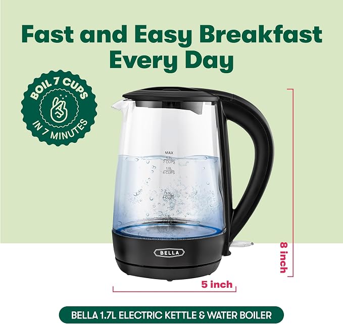bella 1.7 Liter Glass Electric Kettle, Quickly Boil 7-cups of water, Black