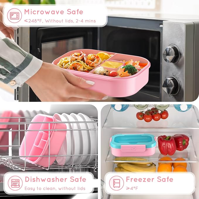 Lunch Box Kid Adult Bento Box, 4-Compartment Food Lunch Containers with Fork & Spoon, BPA Free, Leak-Proof Bento-Style Lunch Box for Work School, Microwave & Dishwasher Safe (Candy)
