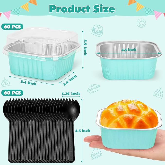 selizo 60 Pack 10oz Mini Disposable Cake Pans with Lids, Aluminum Foil Square Baking Cups, 4.4x4.4 Large Baking Cake Tins Cup Cake Containers with Lids for Thanksgiving Individual Cakes
