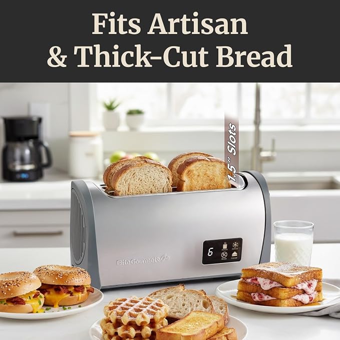 Elite Gourmet Digital 4-Slice Long Slot Toaster, Stainless Steel | Touch Screen LED Display, 6 Browning Levels, Defrost/Reheat, Extra-Wide 1.5" Slots Fit Artisan & Bagel Bread - Modern Design
