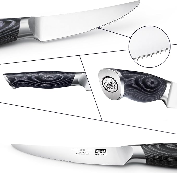 SHAN ZU 6 Pc Steak Knife Set, 4.5 In High Carbon Japanese Super Steel | Ultra Sharp Kitchen Steak Knife with K133 Ergonomic Handle, Black Tortoise Genbu Series