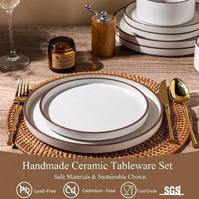 LERATIO Stoneware Dinnerware Sets for 8,24-Piece Matte Plates and Bowls Set | Handmade High Edge Rim Dish Set,Oven & Microwave,Dishwasher Safe,Scratch Resistant-Vanilla White