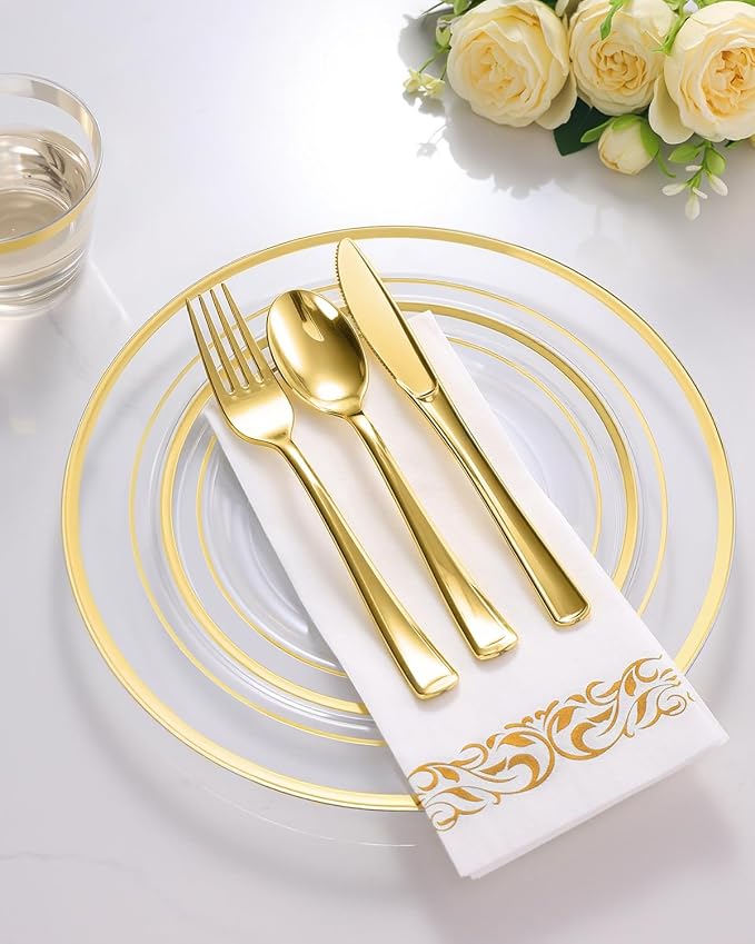 350 Pieces Clear Gold Disposable Dinnerware Set for 50 Guests | Heavy Duty Plastic Plates Include: 100 Gold Rim Dinner Plates, 50 Paper Napkins, 50 Cups, 50 Plastic Silverware Set