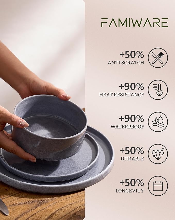Famiware Annecy 16-Piece Stoneware Plates and Bowls, Misty Blue | Reactive Glaze Dinnerware Set with Pasta Bowls, Service for 4 - Chip & Scratch Resistant, Microwave & Dishwasher Safe