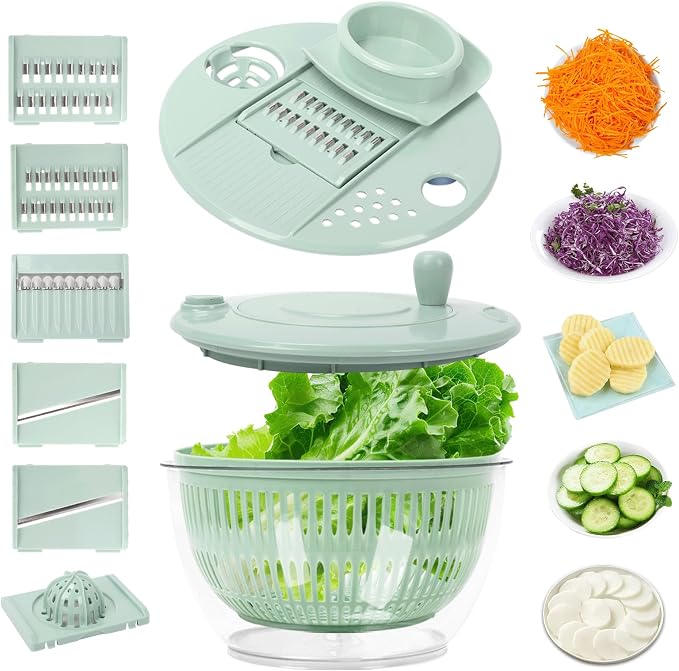 Salad Spinner Large, 5.3 QT 5 IN 1 Lettuce Spinner Dryer with 5 Blades Slicing and Pureeing Vegetables Wash Bowl Kitchen Gadgets for Efficient Salad Preparation Food Washing